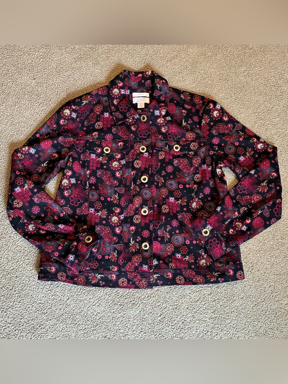 Christopher & Banks Black Jean Jacket Med Stretch Pink Floral Print Shacket NWOT